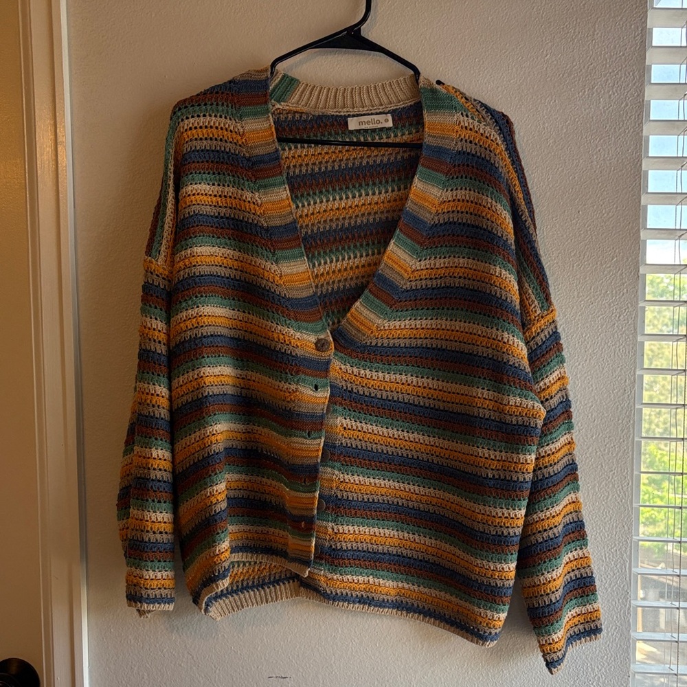 Mello Striped Crochet V-Neck Cardigan - Multicolor